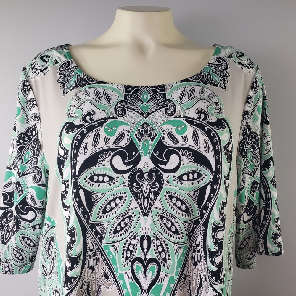 Valerie Stevens embellished top rhinestone stretch short sleeve asymmetr… - Picture 9 of 10